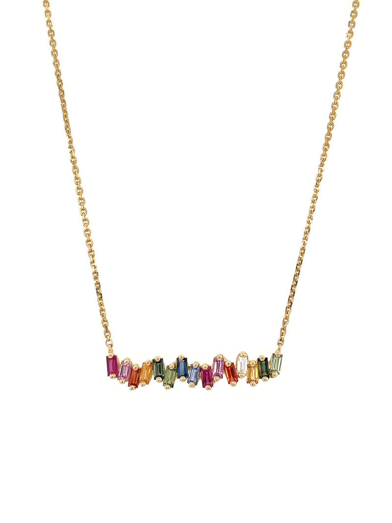 Rainbow Sapphire and Diamond Baguette Yellow Gold Bar Necklace